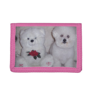 Bichon frise with white teddy bear. trifold wallet