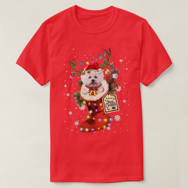 Bichon Frise Xmas Boot Christmas Sock Winter Snow  T-Shirt (Design Front)