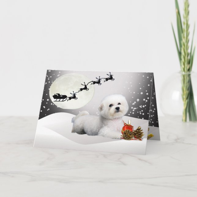 Bichon laying in snow with Santa Over Head Holiday Card (Front)