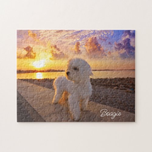 Bichon on the Beach Pet Photo Personalized Name Jigsaw Puzzle