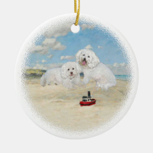 Bichons at the Beach Ceramic Ornament