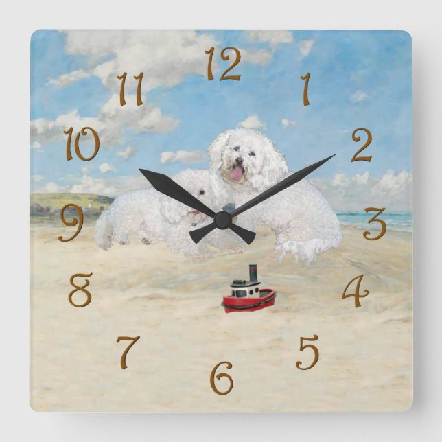 Bichons at the Beach Square Wall Clock (Front)