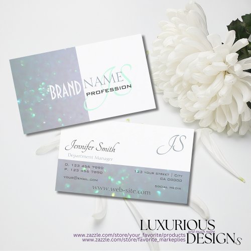 Bicolored White Light Blue Pearl Glitter Monogram Business Card