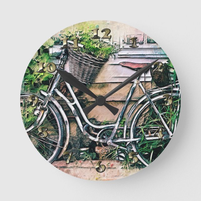 Bicycle and Basket in the Garden Round Clock (Front)
