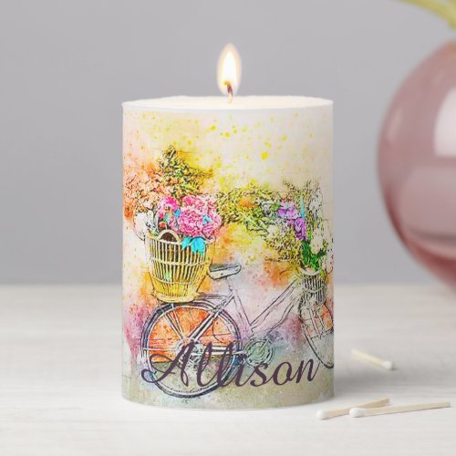 Bicycle and flowers personalized pillar candle