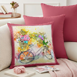 Bicycle and flowers throw pillow