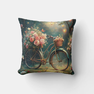 Bicycle and Flowers Throw Pillow
