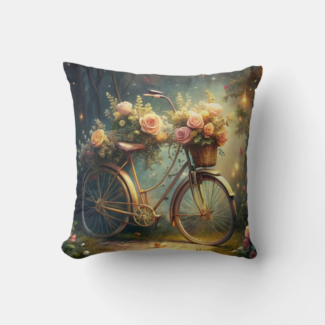 Bicycle and Flowers Throw Pillow (Front)