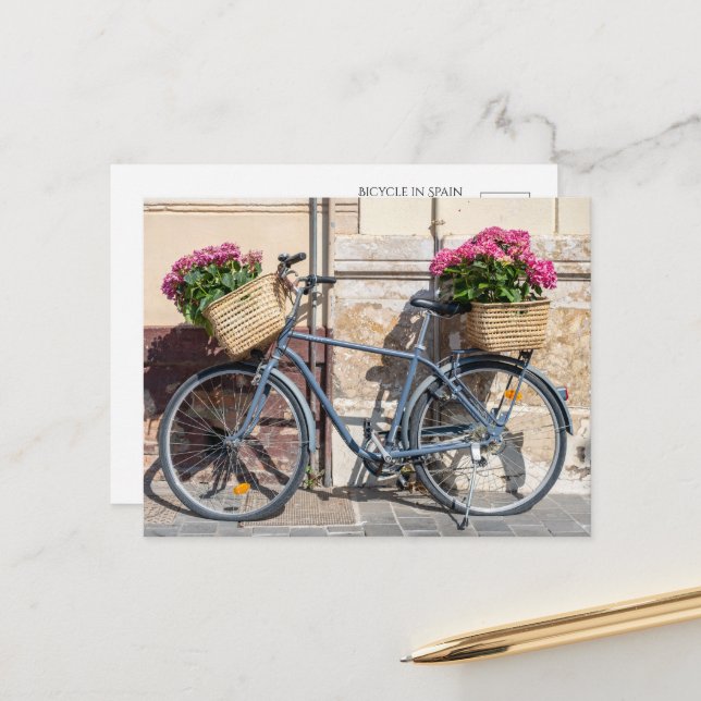 Bicycle and Pink Flower Baskets Postcard (Front/Back In Situ)