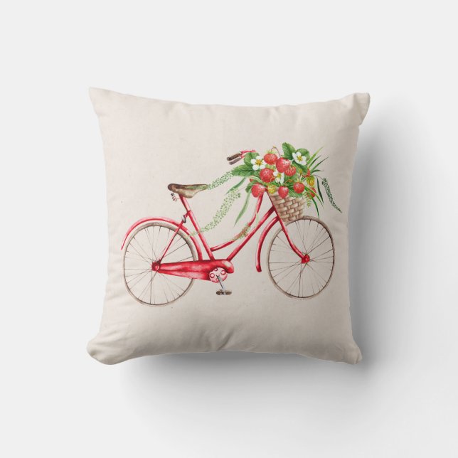 Bicycle and Strawberries Throw Pillow (Front)