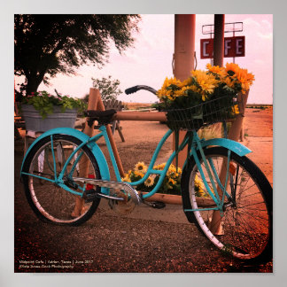 Bicycle and sunflowers at Midpoint Cafe, Route 66 Poster