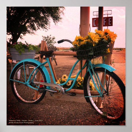 Bicycle and sunflowers at Midpoint Cafe Route 66 Poster