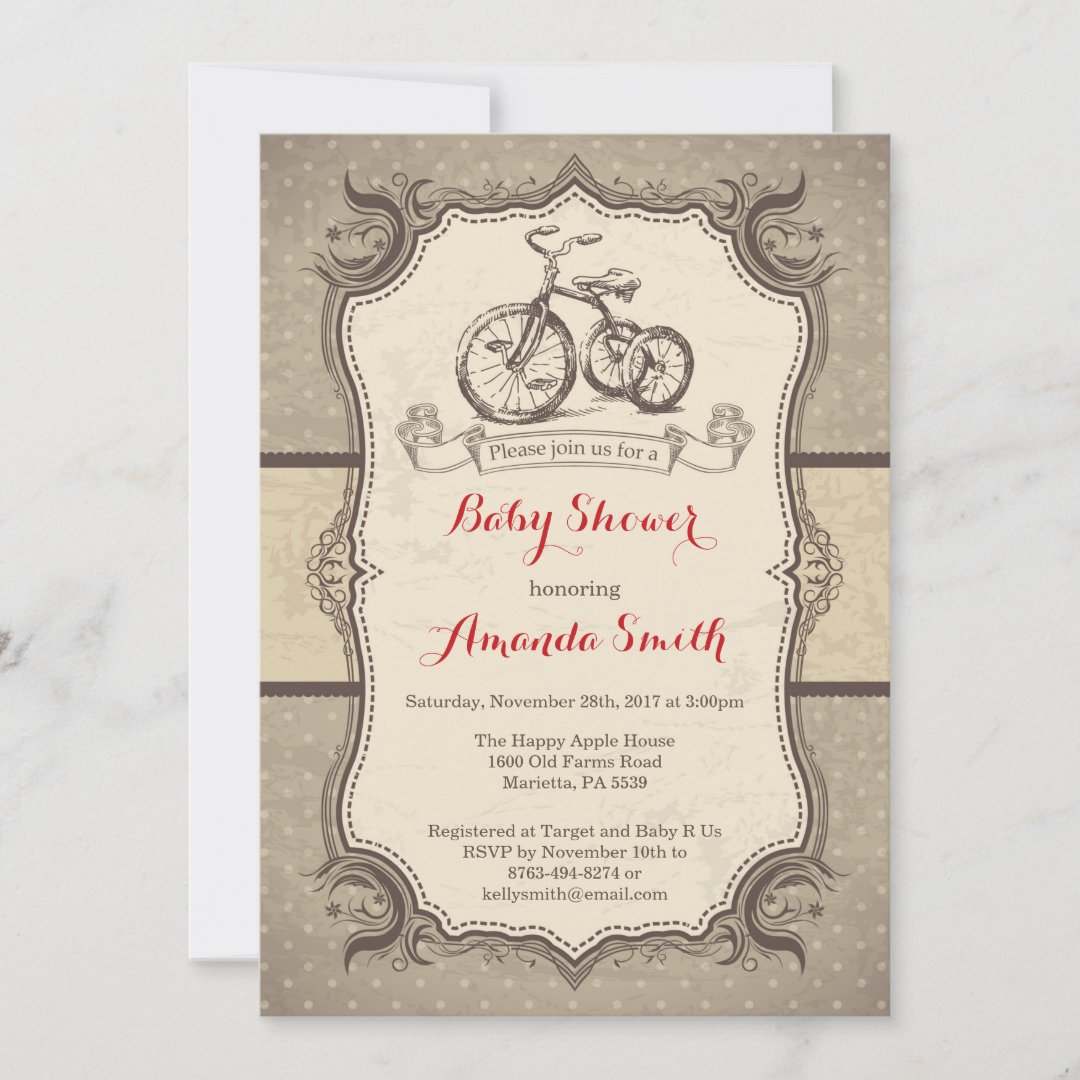 Bicycle Baby Shower Invitation Vintage Retro | Zazzle