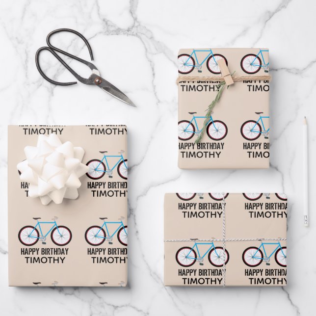 Bicycle Bike Design Birthday Custom Name Wrapping Paper Sheets (Front)