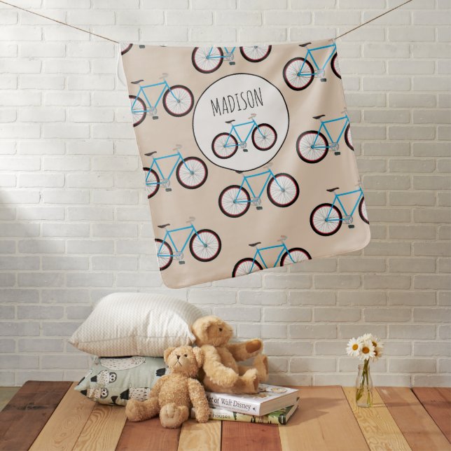 Bicycle Bike Pattern Custom Name Baby Blanket (In Situ)