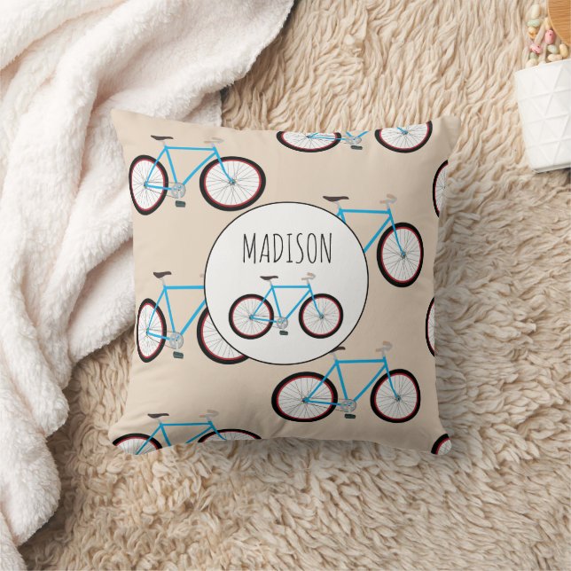 Bicycle Bike Pattern Custom Name Throw Pillow (Blanket)