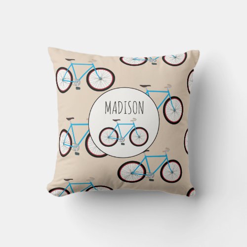 Bicycle Bike Pattern Custom Name Throw Pillow