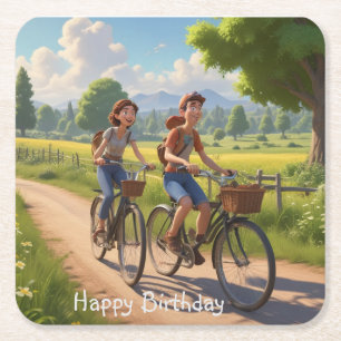 Bicycle Birthday Square Paper Coaster
