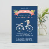 Bicycle Bridal Shower Navy Blue Coral Pink Floral Invitation (Standing Front)