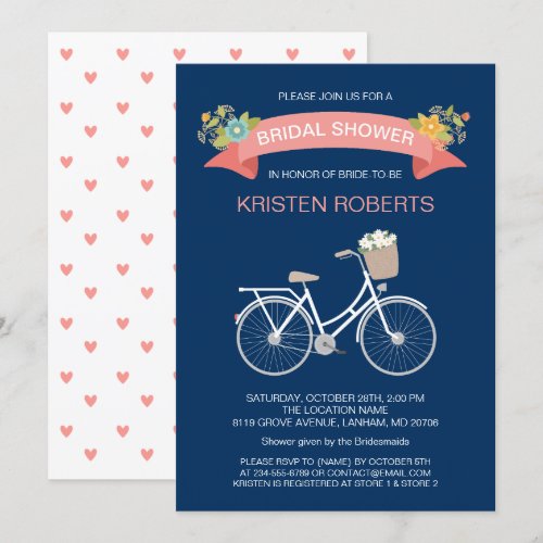 Bicycle Bridal Shower Navy Blue Coral Pink Floral Card