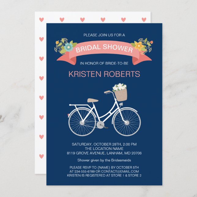 Bicycle Bridal Shower Navy Blue Coral Pink Floral Invitation (Front/Back)