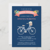 Bicycle Bridal Shower Navy Blue Coral Pink Floral Invitation (Front)