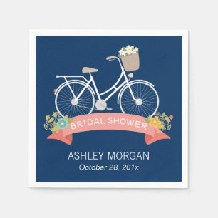 Bicycle Bridal Shower Navy Blue Coral Ribbon Paper Napkins