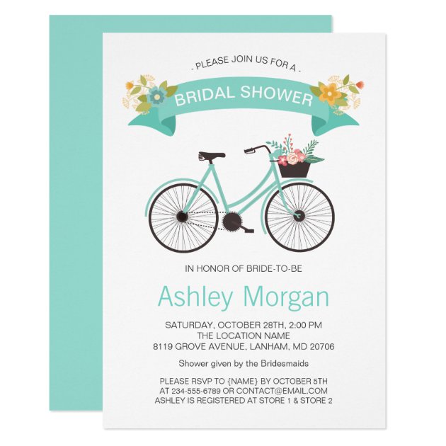 Bicycle Bridal Shower Pastel Tiffany Mint Floral Invitation
