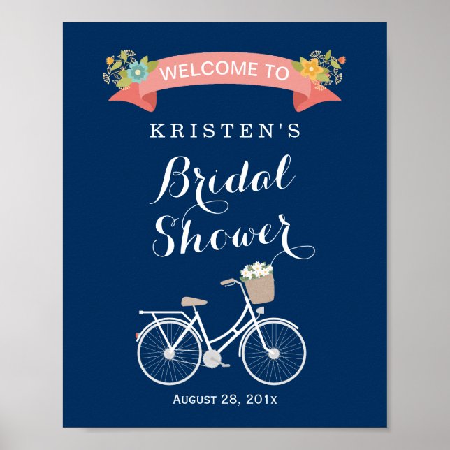 Bicycle Bridal Shower Sign Navy Blue Coral Pink (Front)