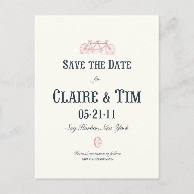 Bicycle Built For Two Save the Date-Custom Announcement Postcard (Front)