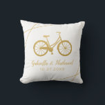 Bicycle Cyclist Wedding Gift Throw Pillow<br><div class="desc">A retro beach cruiser bicycle in gold,  with personalized wedding names and date. Fonts can be edited,  and the background colors on the front and back can be changed individually by clicking 'customize further' and using the background color picker.</div>