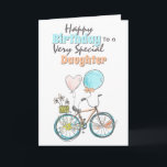 Bicycle floral basket whimsical ballon birthday ca card<br><div class="desc">A beautiful illustration of a hand drawn bicycle that has flowers on its wheels; a basket with doodle daisy flowers and two balloons tied to its saddle in shades of pastel peach orange, blue and yellow. The words, happy birthday to a very special daughter (which may be changed to granddaughter,...</div>