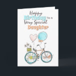 Bicycle floral basket whimsical ballon birthday ca card<br><div class="desc">A beautiful illustration of a hand drawn bicycle that has flowers on its wheels; a basket with doodle daisy flowers and two balloons tied to its saddle in shades of pastel peach orange, blue and yellow. The words, happy birthday to a very special daughter (which may be changed to granddaughter,...</div>
