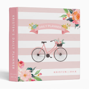 Bicycle Floral Light Pink Stripes Daily Planner Binder