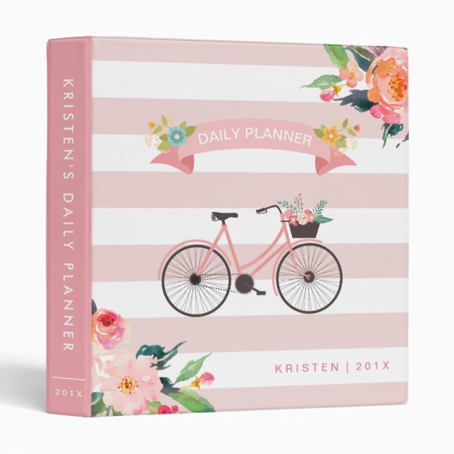 Bicycle Floral Light Pink Stripes Daily Planner Binder (Front/Spine)