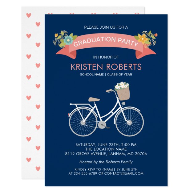 Bicycle Floral Navy Blue Girly Graduation Party Card (front side)