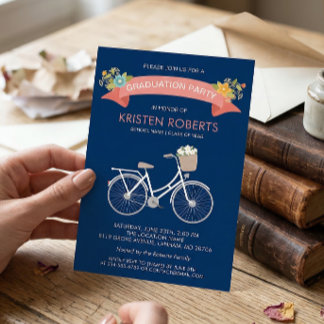Bicycle Floral Navy Blue Girly Graduation Party Invitation