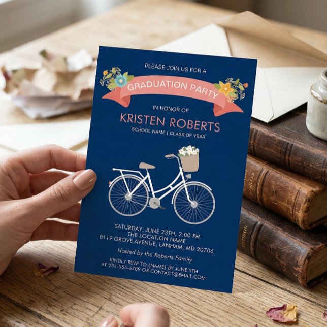 Bicycle Floral Navy Blue Girly Graduation Party Invitation (Creator Uploaded)