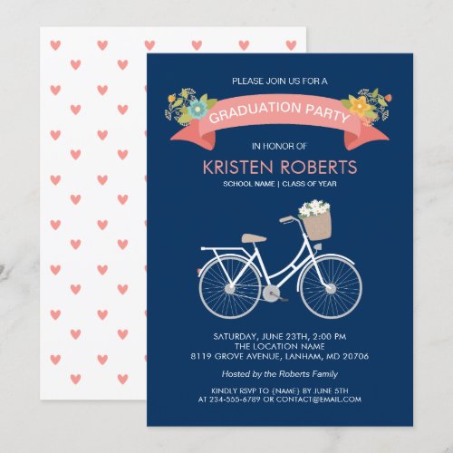 Bicycle Floral Navy Blue Girly Graduation Party Card