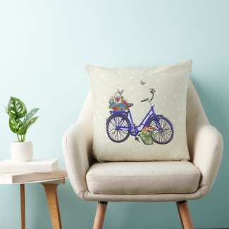 Bicycle Flowers Butterflies Polka Dot  Throw Pillo Throw Pillow