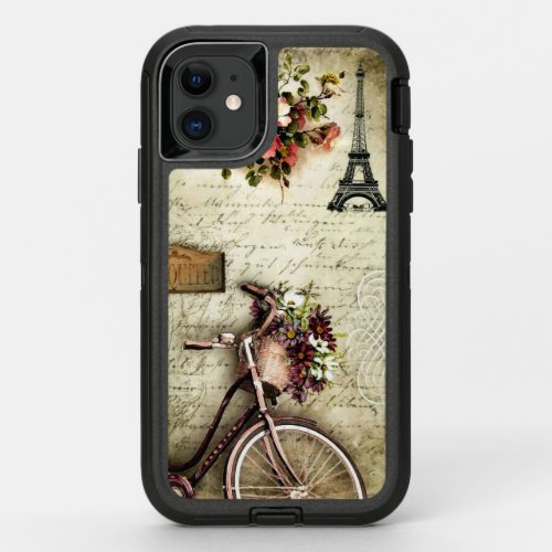 Bicycle Flowers Eiffel Tower Written Letter OtterBox Defender iPhone 11 Case