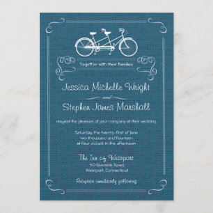 Bicycle for Two Blue Burlap Wedding Invitations