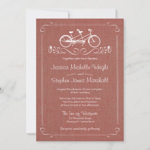 Bicycle for Two Burlap Dusty Pink Wedding Invitation