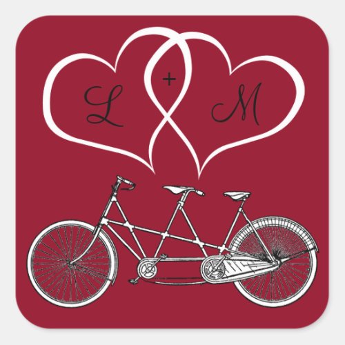 Bicycle for Two Heart Burgundy Personalize Wedding Square Sticker