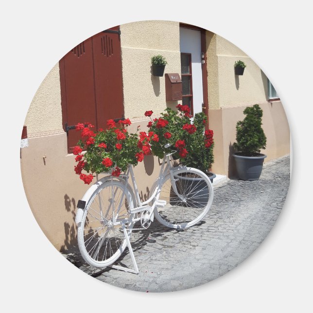 Bicycle Full Of Red Geranium Flowers Magnet (Front)