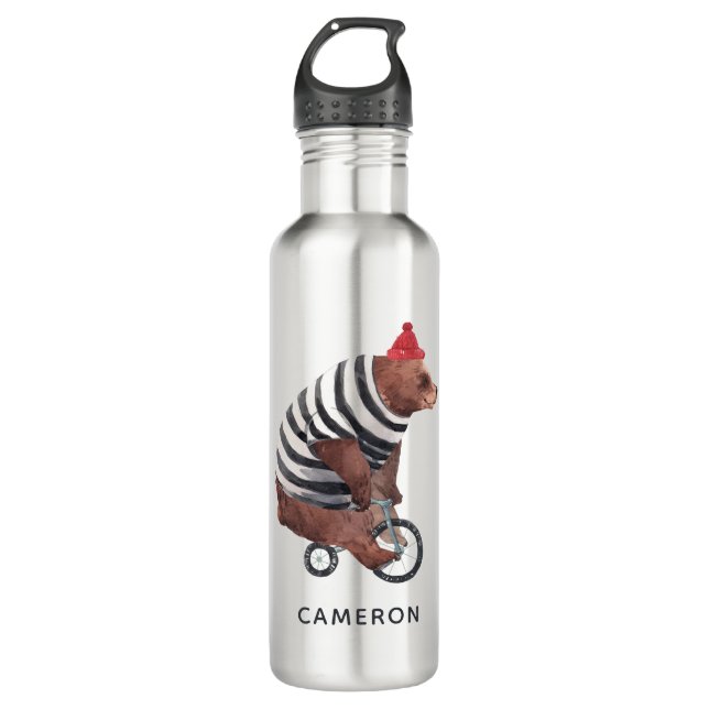 Bicycle Fun Bear | Add Your Name Stainless Steel Water Bottle (Front)