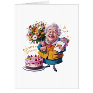 Bicycle Granny with Cake & Balloons Card