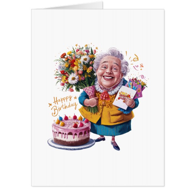 Bicycle Granny with Cake & Balloons Card (Front)