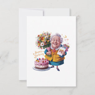 Bicycle Granny with Cake & Balloons Thank You Card