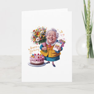 Bicycle Granny with Cake & Balloons Thank You Card